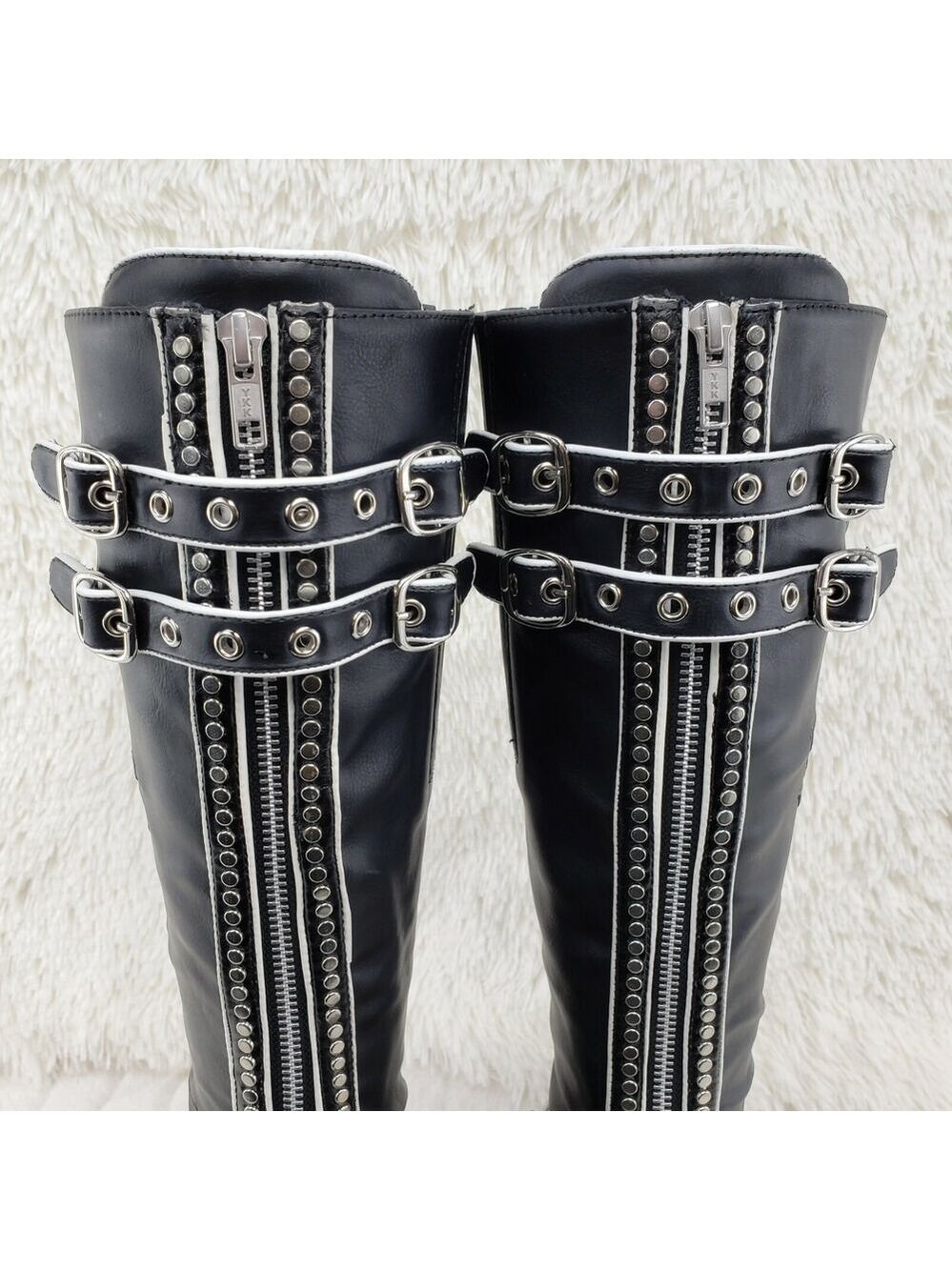 NIB DEMONIA Concord Black Platform Rose Goth Studded Knee Boots 4" Wedge - Picture 9 of 12